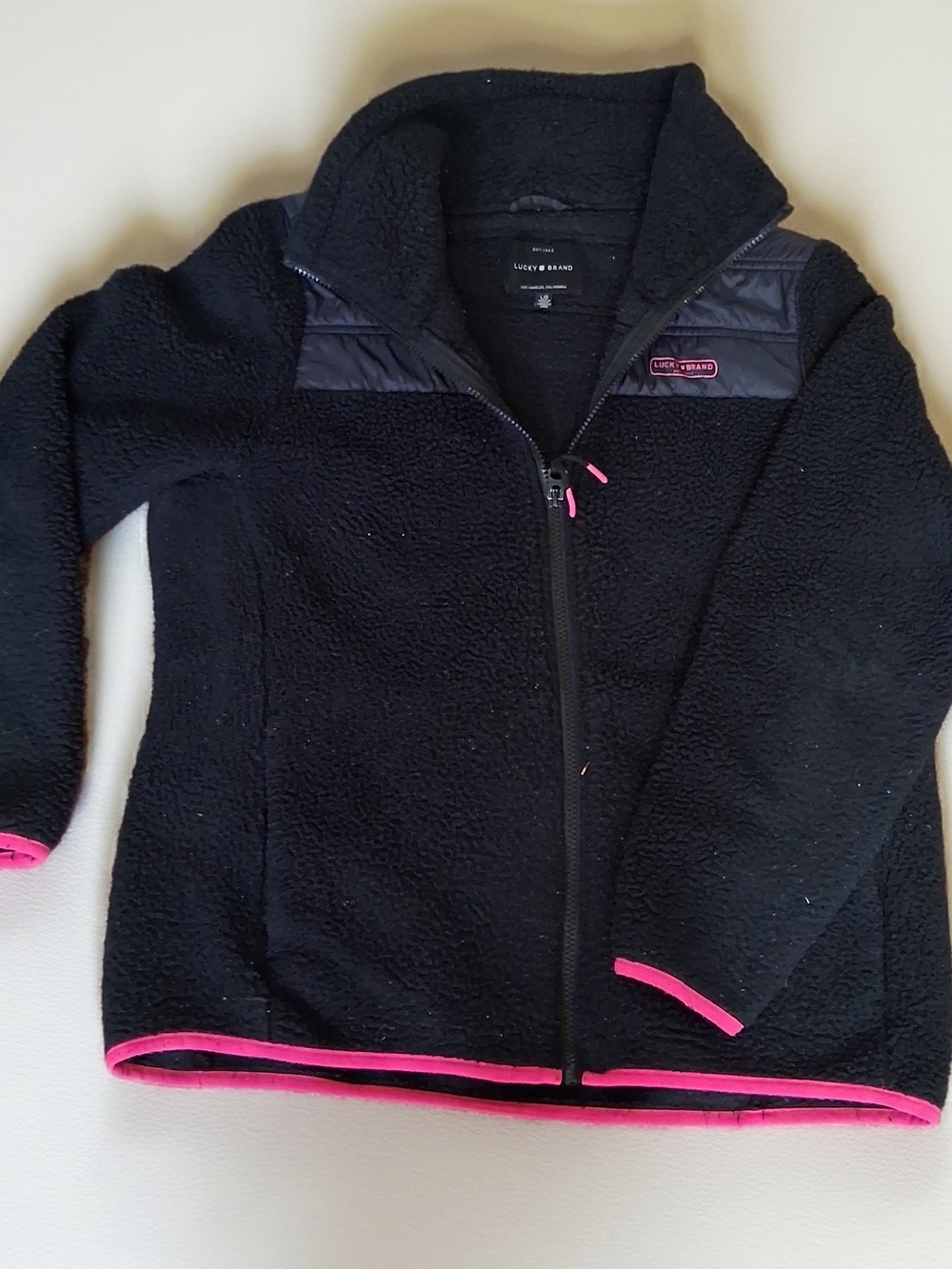 Lucky Brand Womens Black Fleece Jacket with Pink Trim